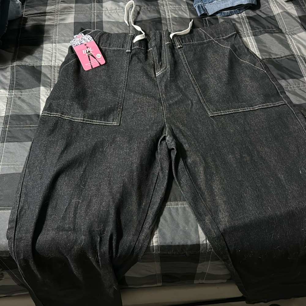 Black drawstring, wide leg jeans